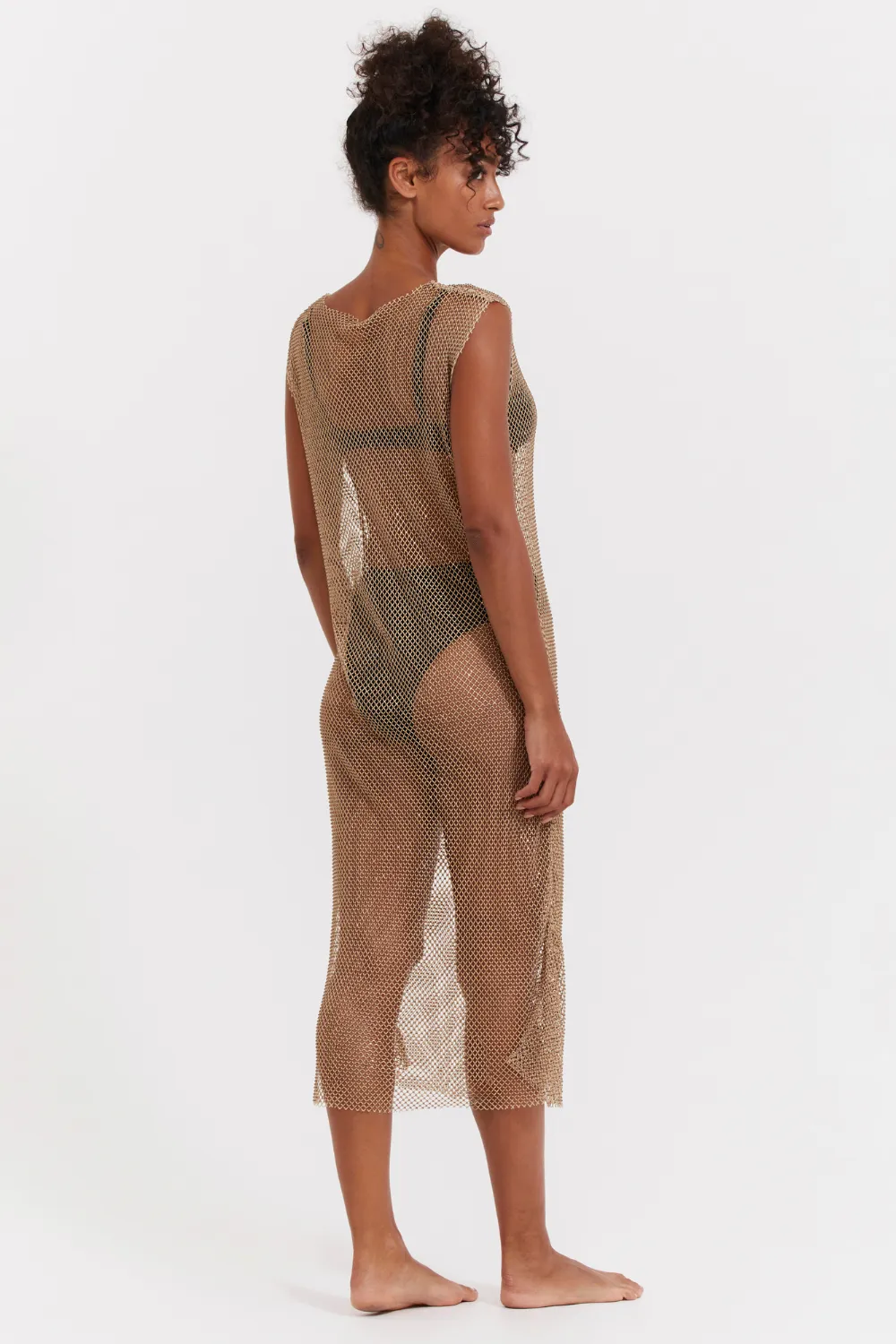 Beige Rhinestone Mesh Beach Dress