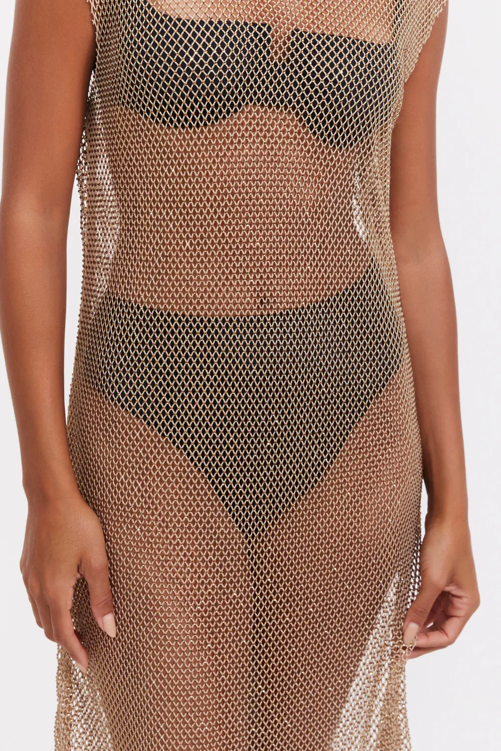 Beige Rhinestone Mesh Beach Dress