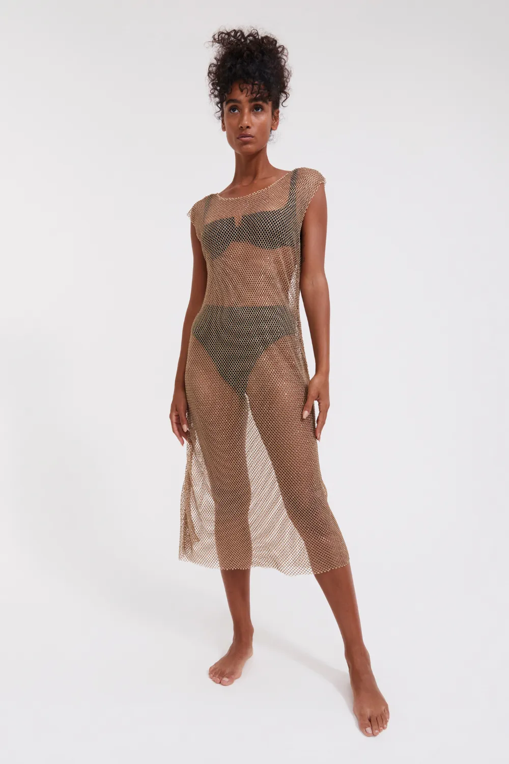 Beige Rhinestone Mesh Beach Dress