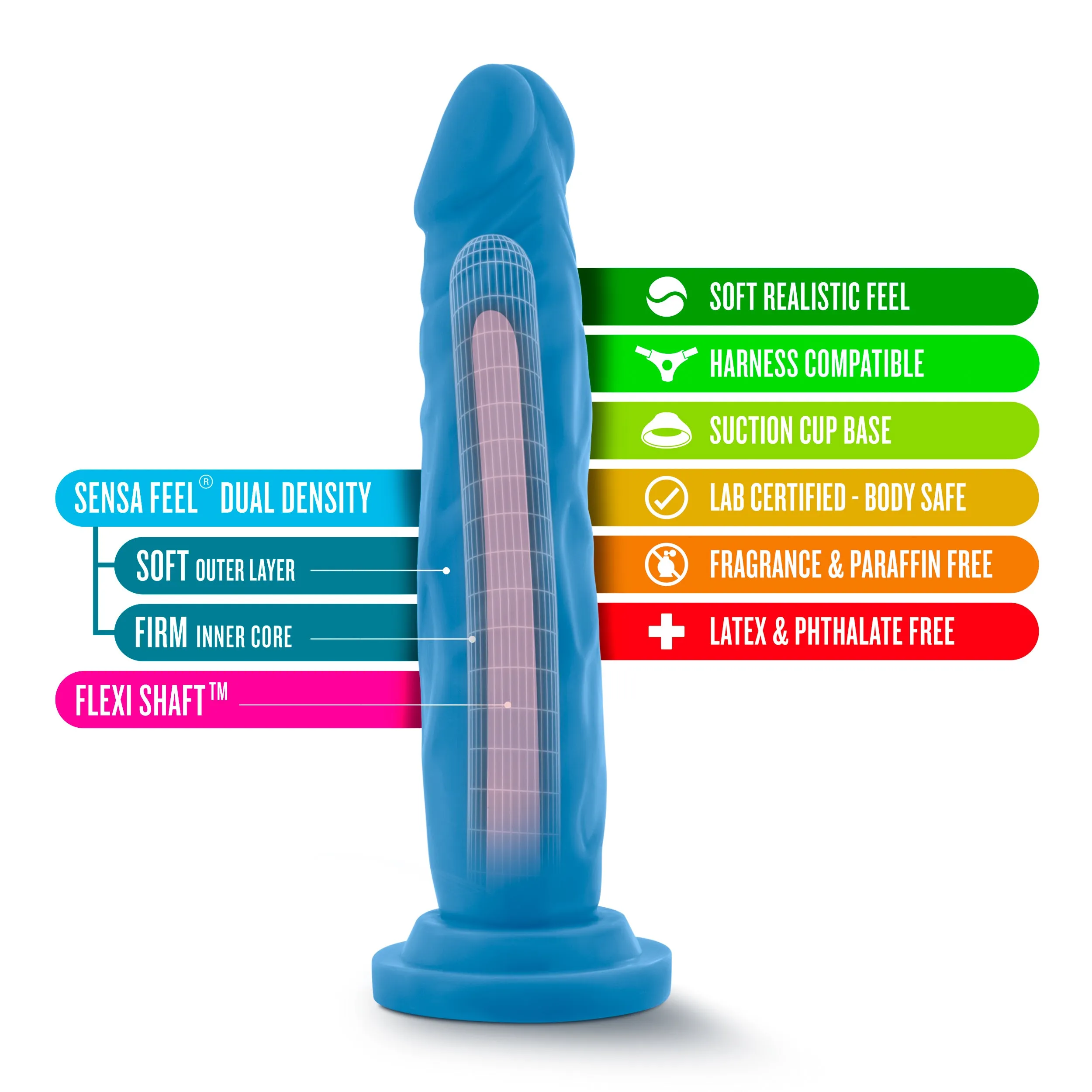 Blush Neo Dual Density 7.5 Cock Neon Dildo Suction Cup Dong Sex Toy Blue