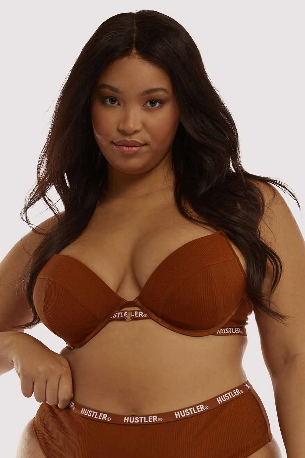 Branded Ribbed Chocolate High Waist Thong