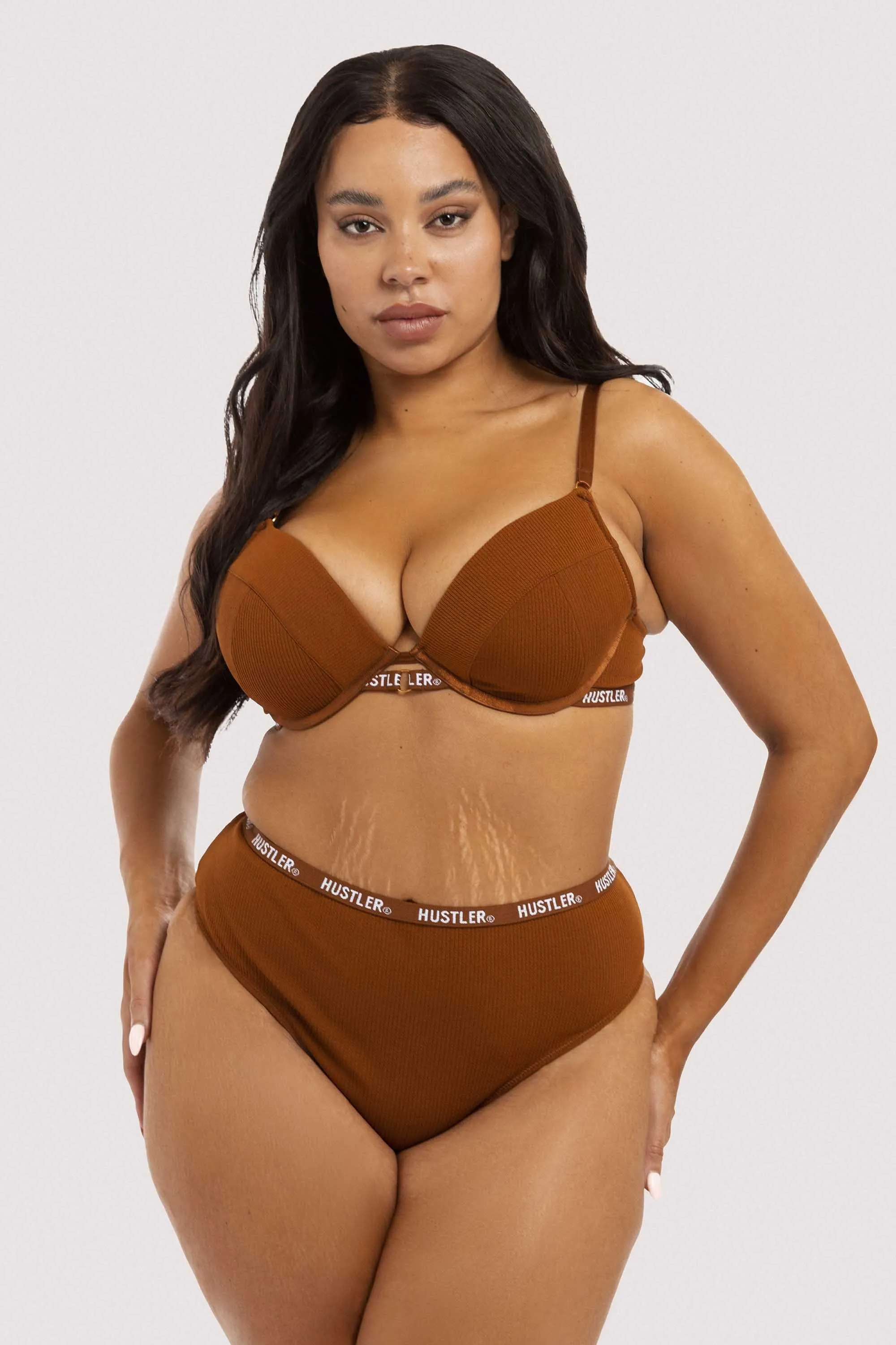 Branded Ribbed Chocolate High Waist Thong