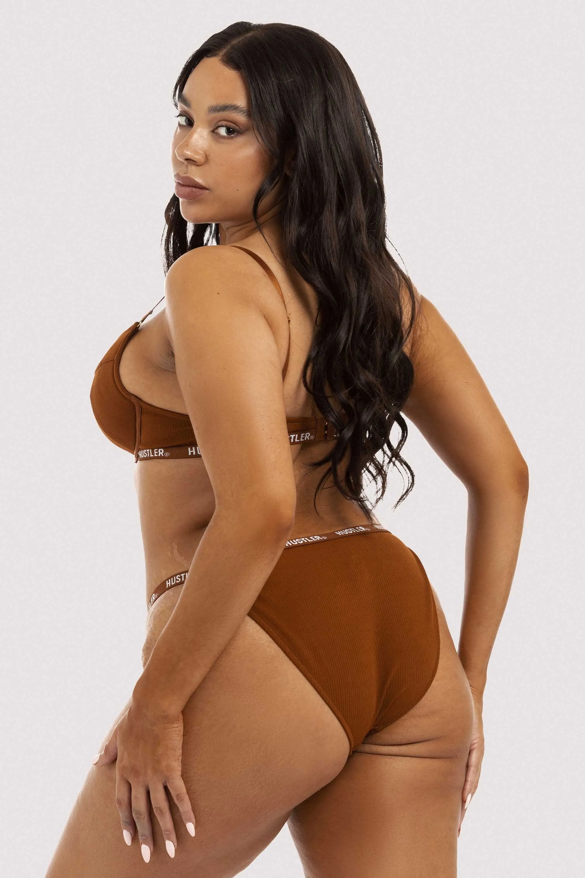 Branded Ribbed Chocolate Tanga Brief