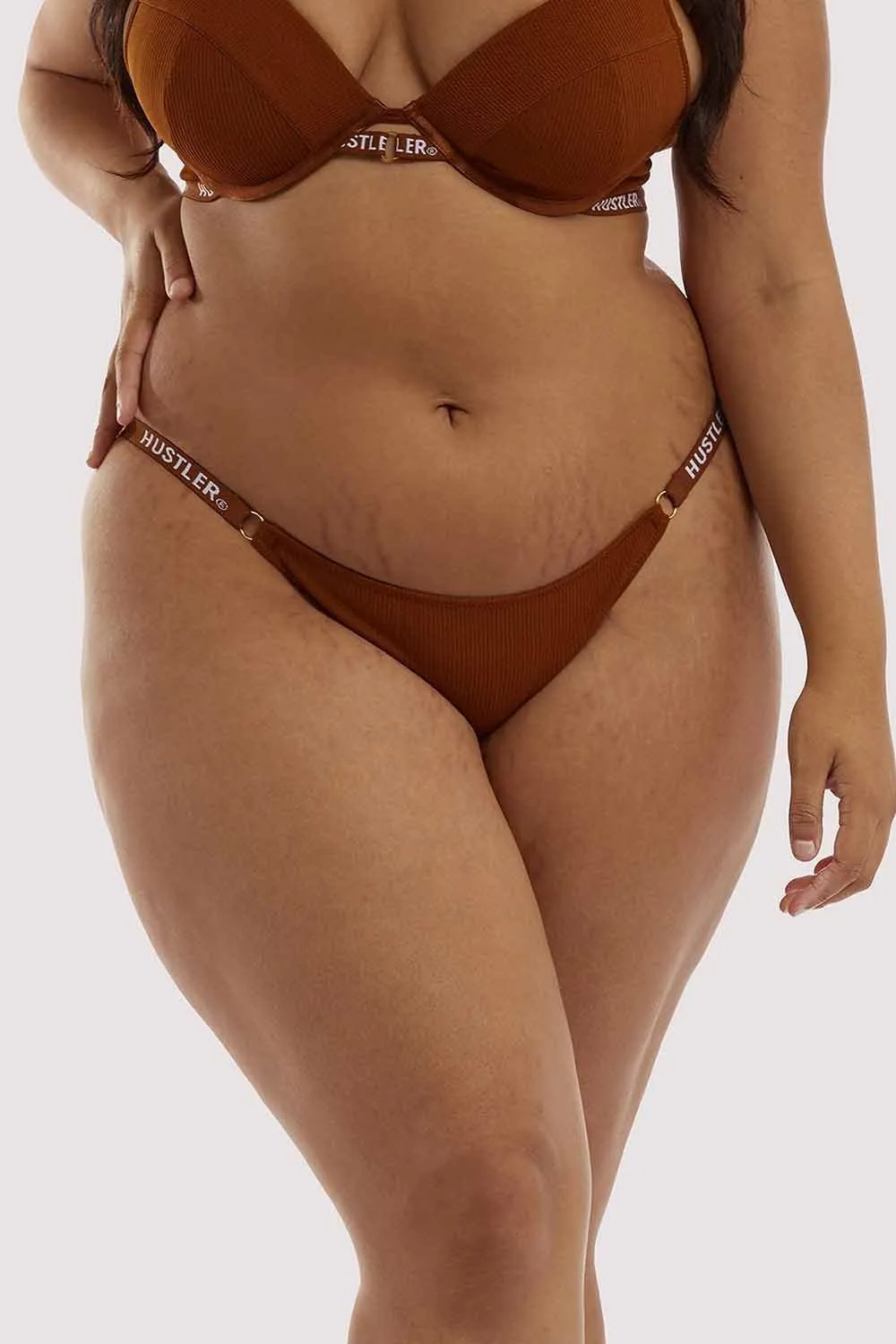 Branded Ribbed Chocolate Tanga Brief