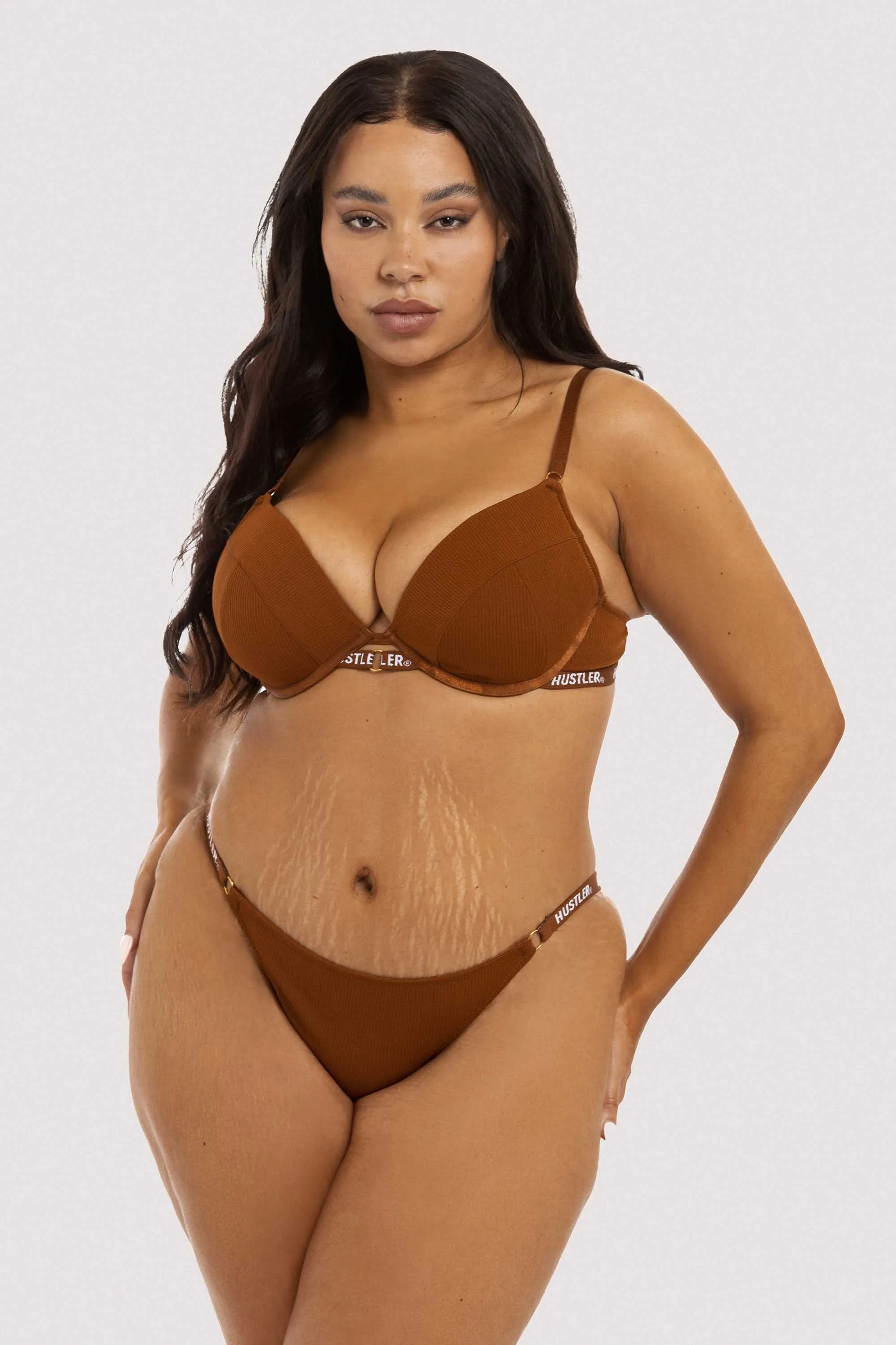 Branded Ribbed Chocolate Tanga Brief