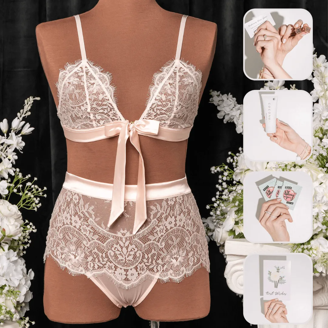 Bridal Bundle: Eyelash Lace Bow Bralette Set - Champagne