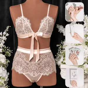 Bridal Bundle: Eyelash Lace Bow Bralette Set - Champagne