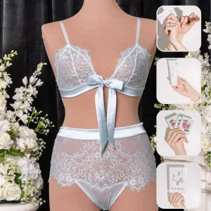 Bridal Bundle: Eyelash Lace Bow Bralette Set - Something Blue