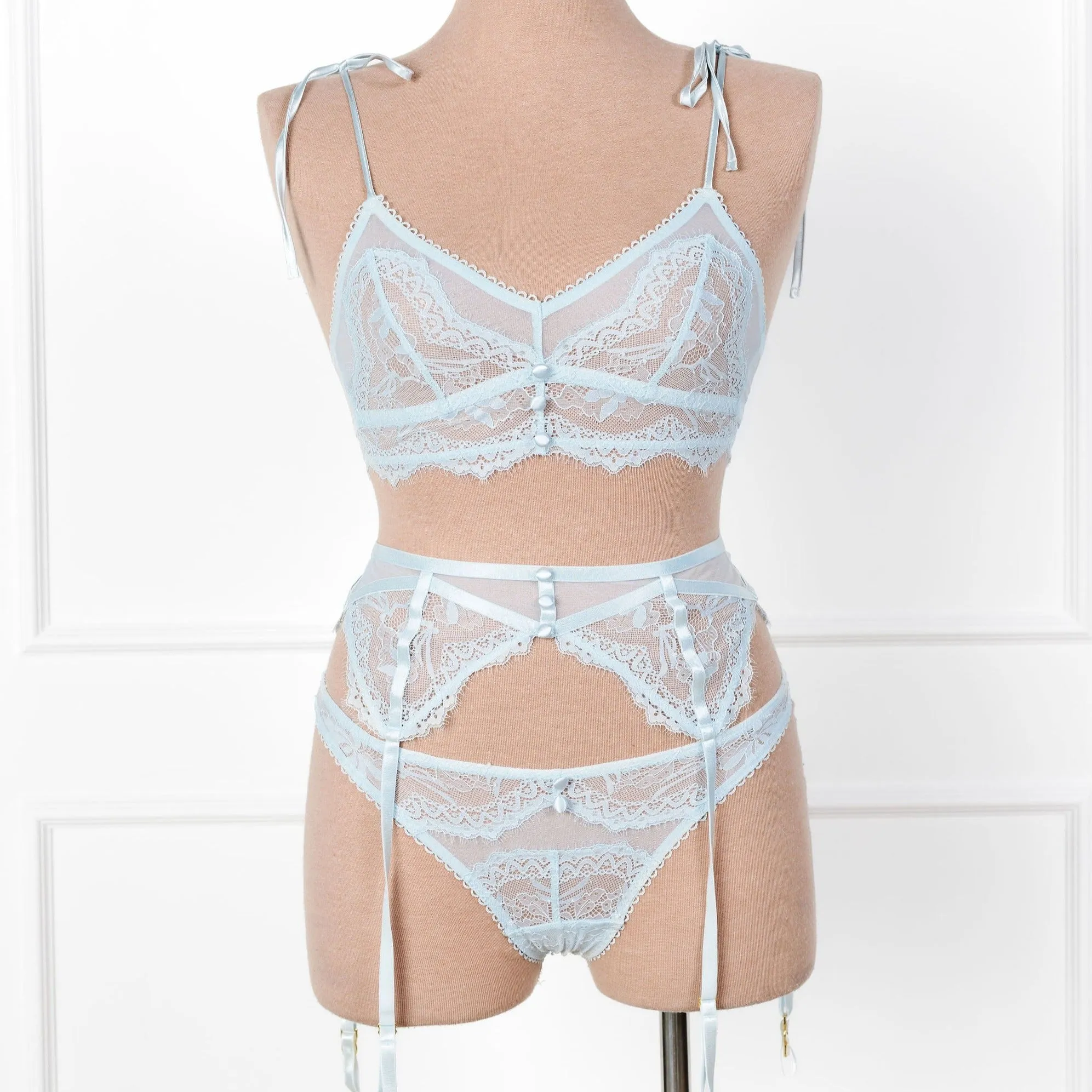 Bridal Bundle: Lace & Mesh Button Bralette Set - Something Blue