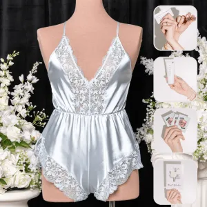 Bridal Bundle: Lacy Plunge Satin Romper - Something Blue