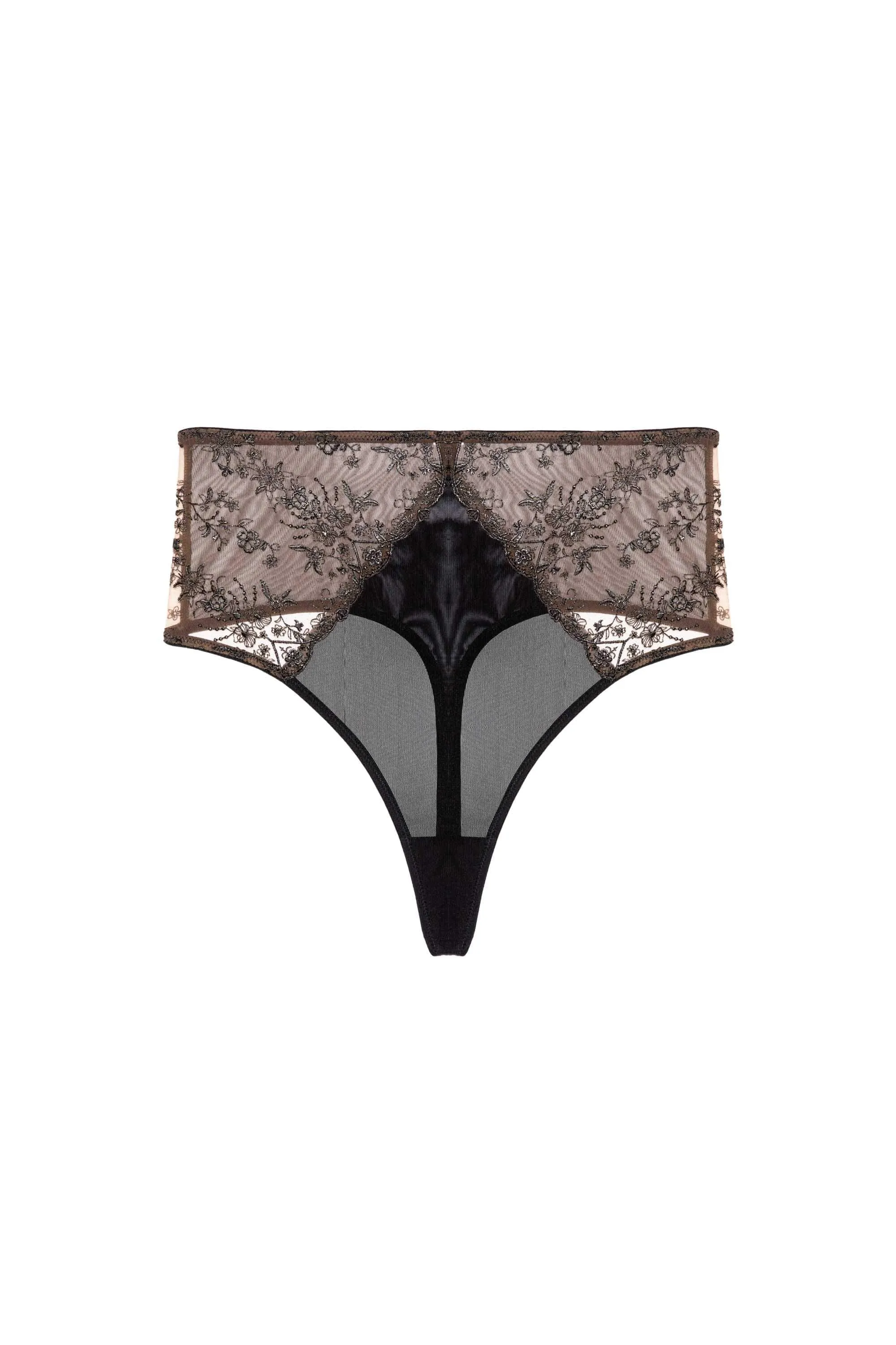 Cassia Black Custom Embroidery High Waisted Thong
