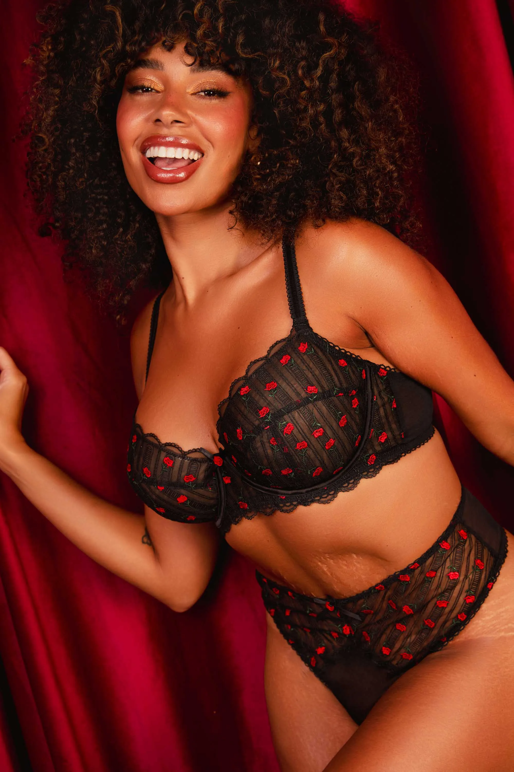 Elodie Black and Red Rosebud Embroidery Balconette Bra