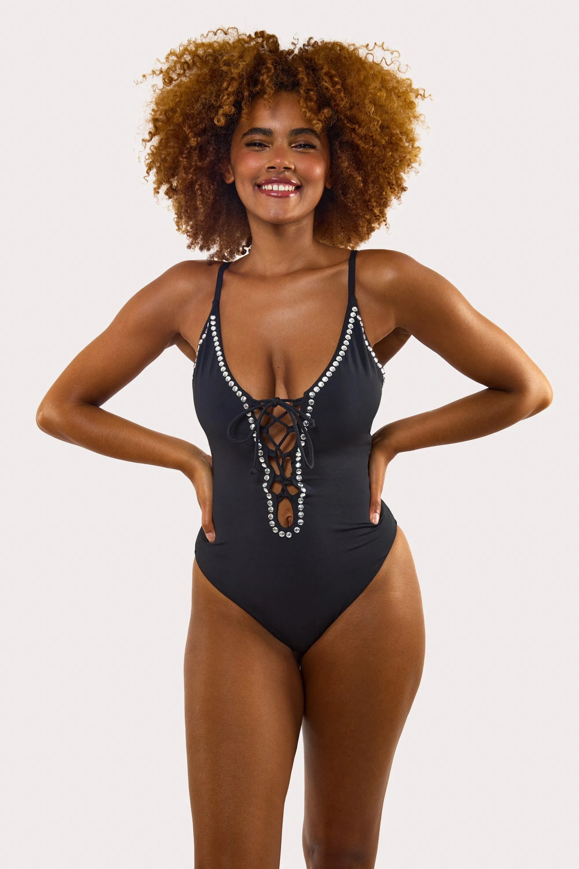 Gabrielle Fuller Bust Black Eco Studded Lace-Up Swimsuit