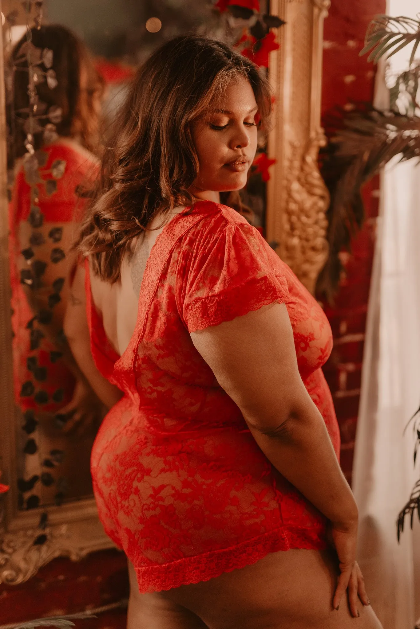 Hidden Intimates Sheer Reversible Red Lace Teddy