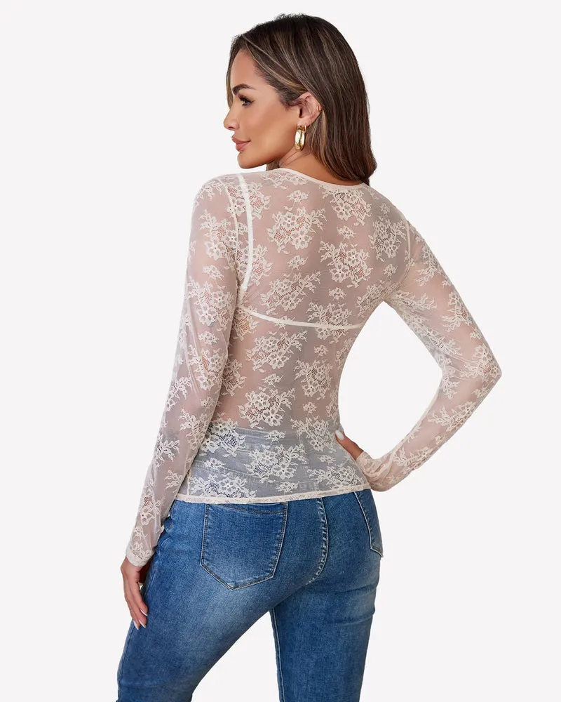 Lace Mesh Top Long Sleeve Sheer Blouse