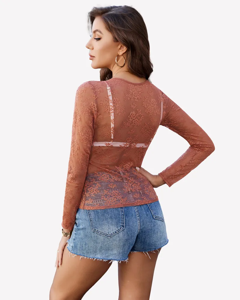 Lace Mesh Top Long Sleeve Sheer Blouse