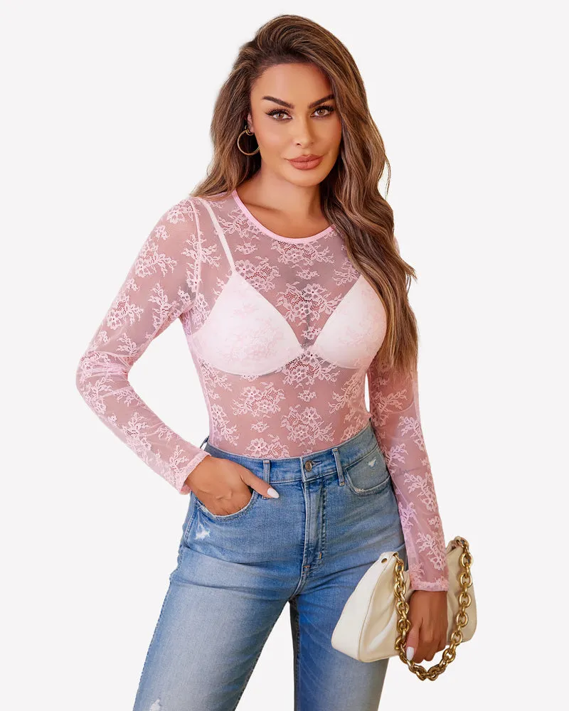 Lace Mesh Top Long Sleeve Sheer Blouse