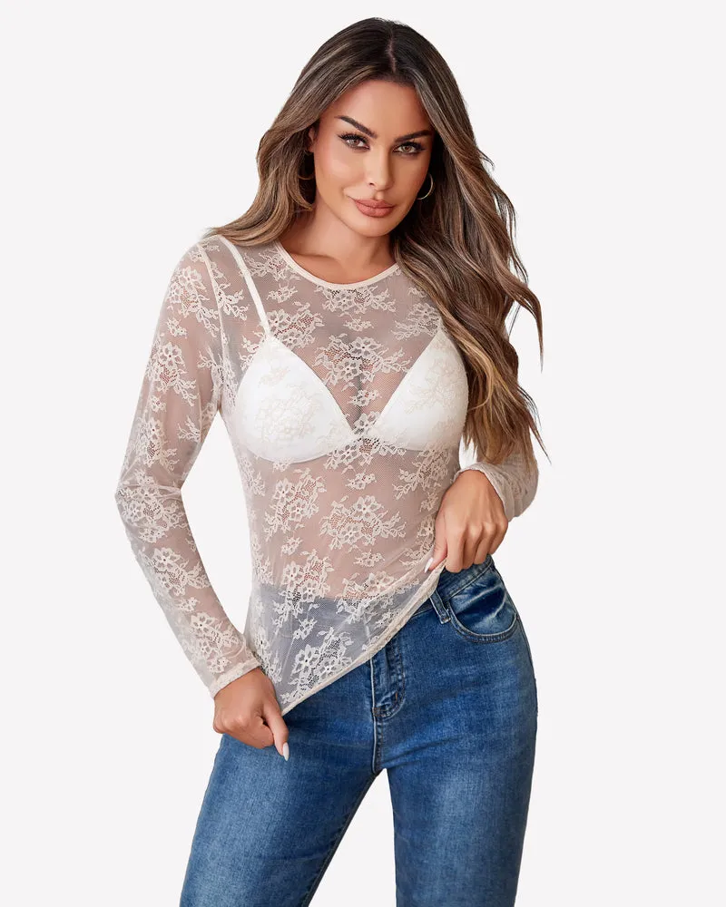 Lace Mesh Top Long Sleeve Sheer Blouse