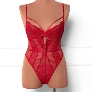Lacy Caged Crotchless Teddy - Red