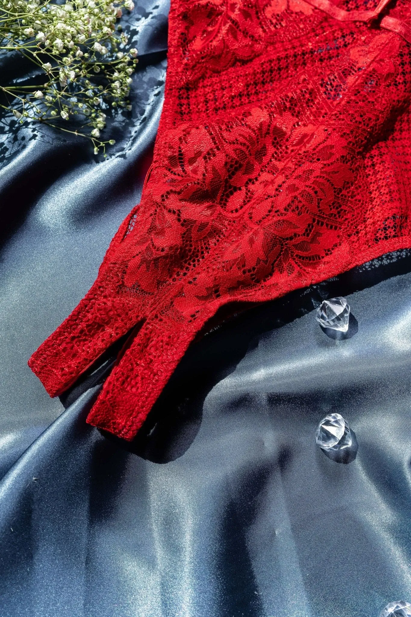 Lacy Caged Crotchless Teddy - Red