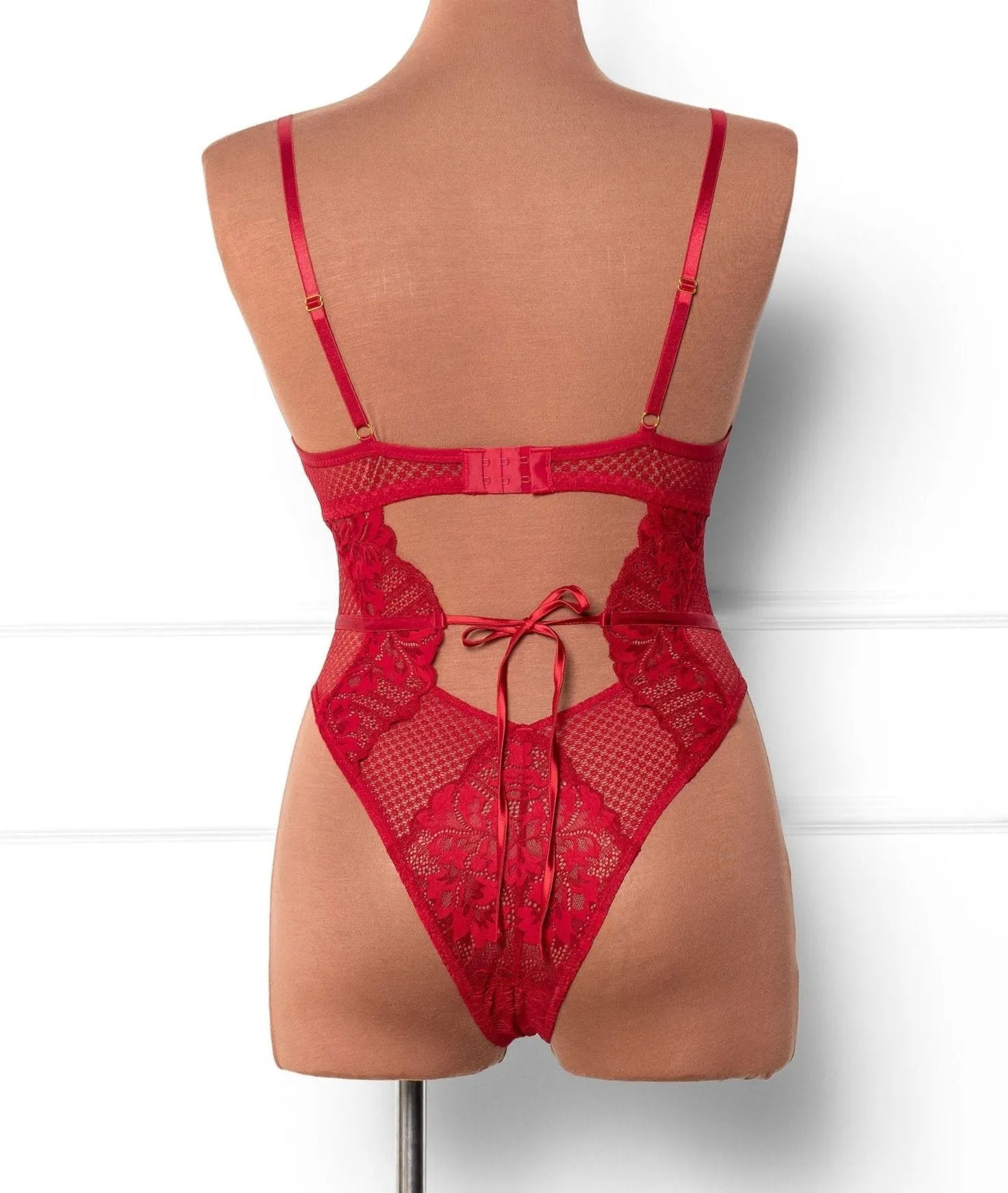 Lacy Caged Crotchless Teddy - Red