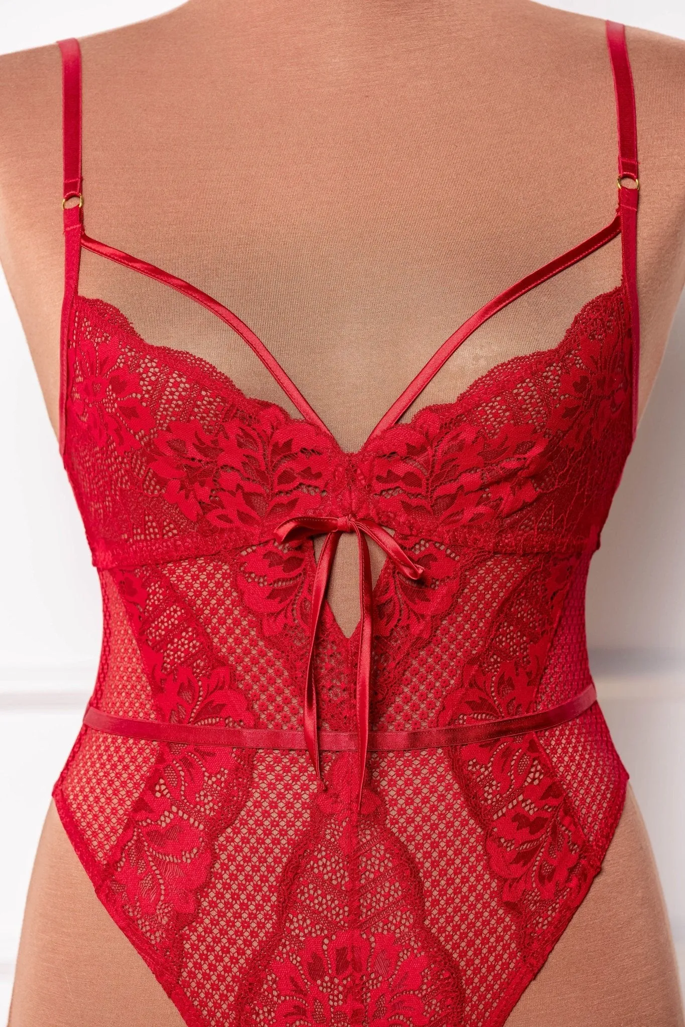 Lacy Caged Crotchless Teddy - Red