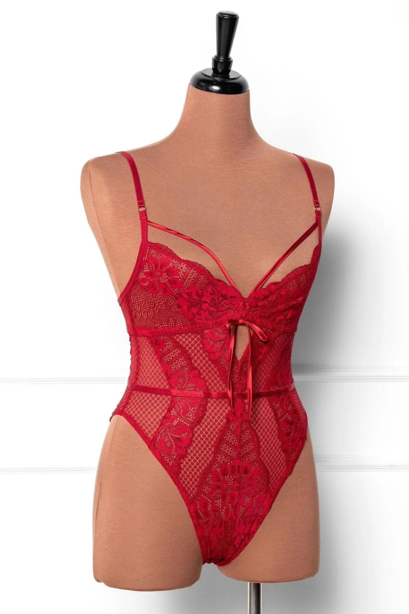 Lacy Caged Crotchless Teddy - Red