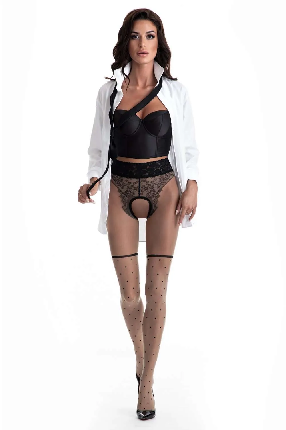 Lolita Crotchless Tights Beige/Black 30 Denier