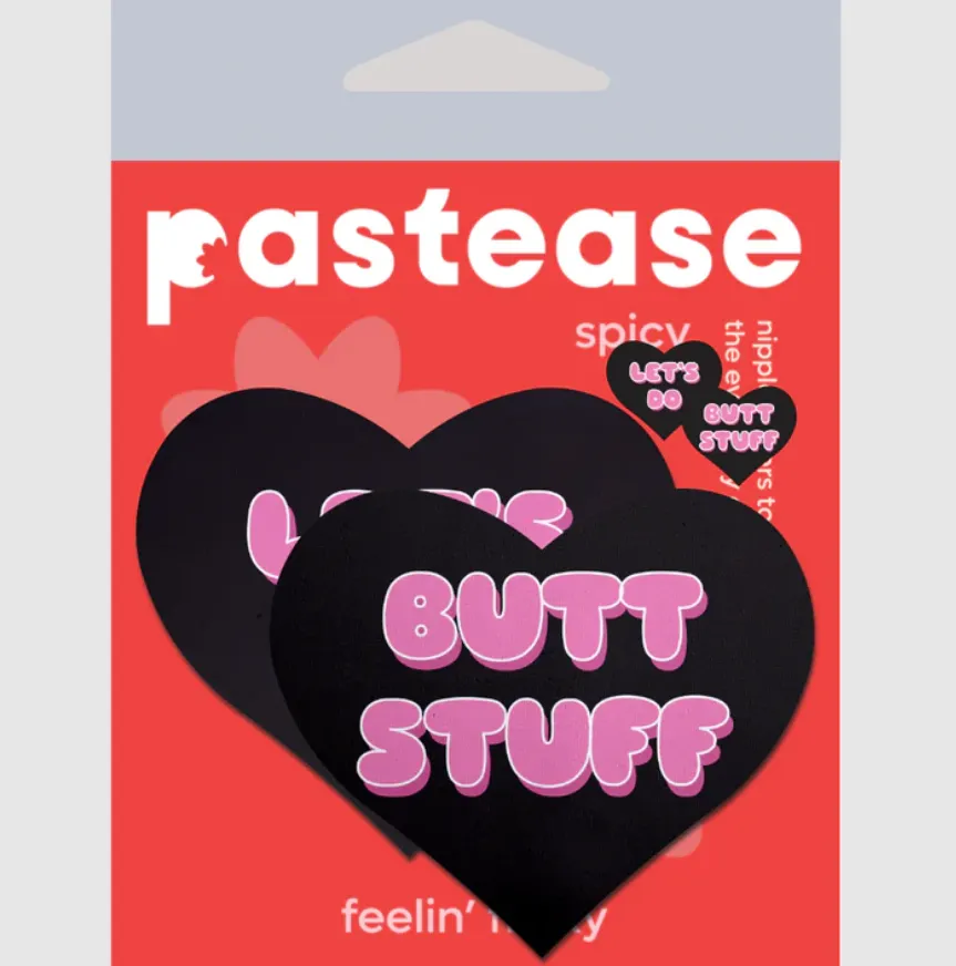 Love: 'Let's Do Butt Stuff' in Black & Pink Heart Nipple Pasties