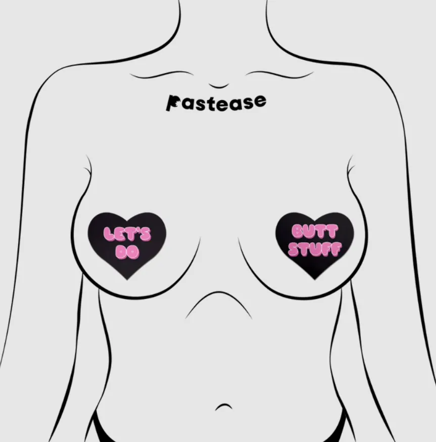 Love: 'Let's Do Butt Stuff' in Black & Pink Heart Nipple Pasties