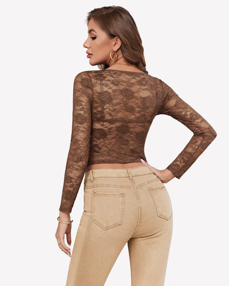Mesh Long Sleeve Crop Top with Bra Set