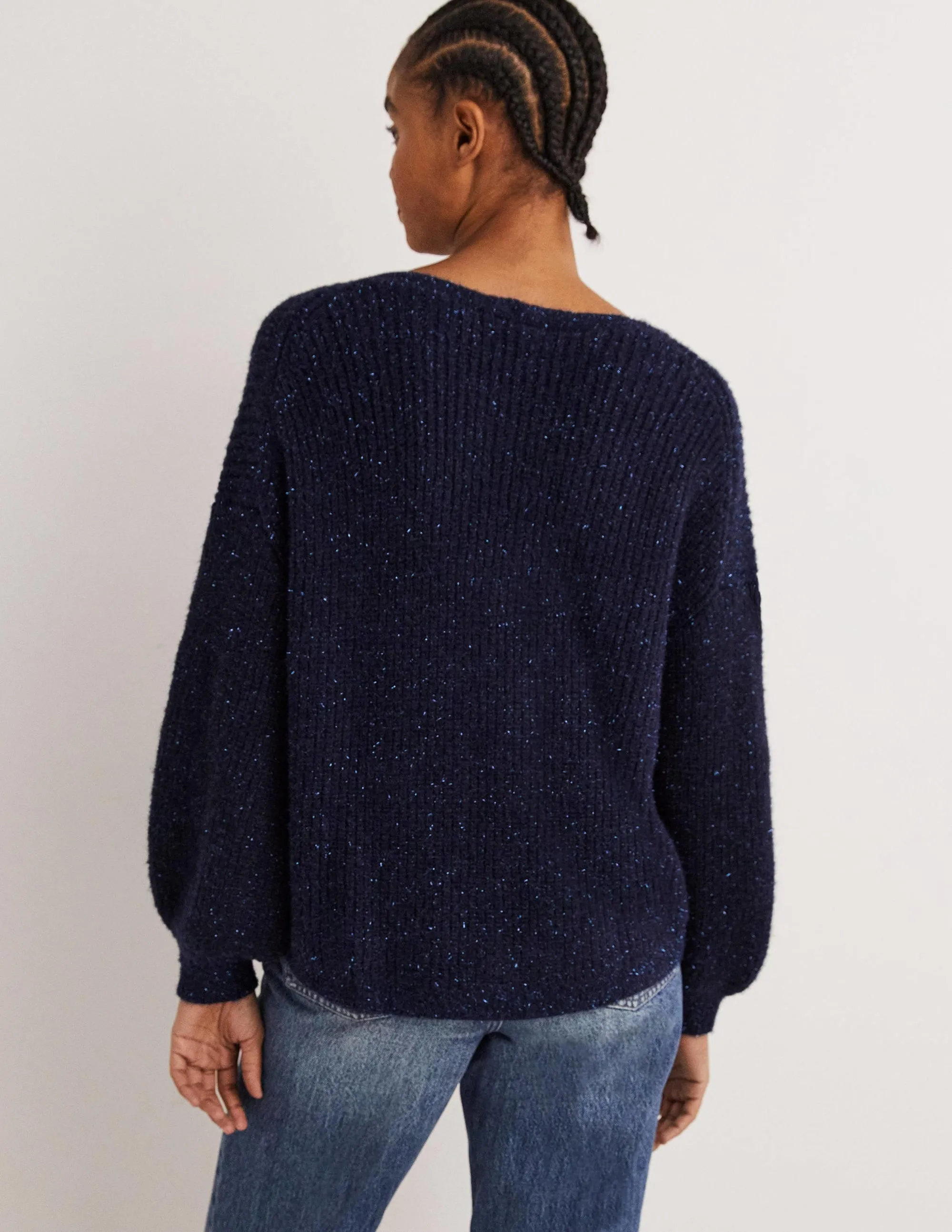 Navy Sparkle Ribbed Fluffy V-Neck Sweater-Navy Sparkle