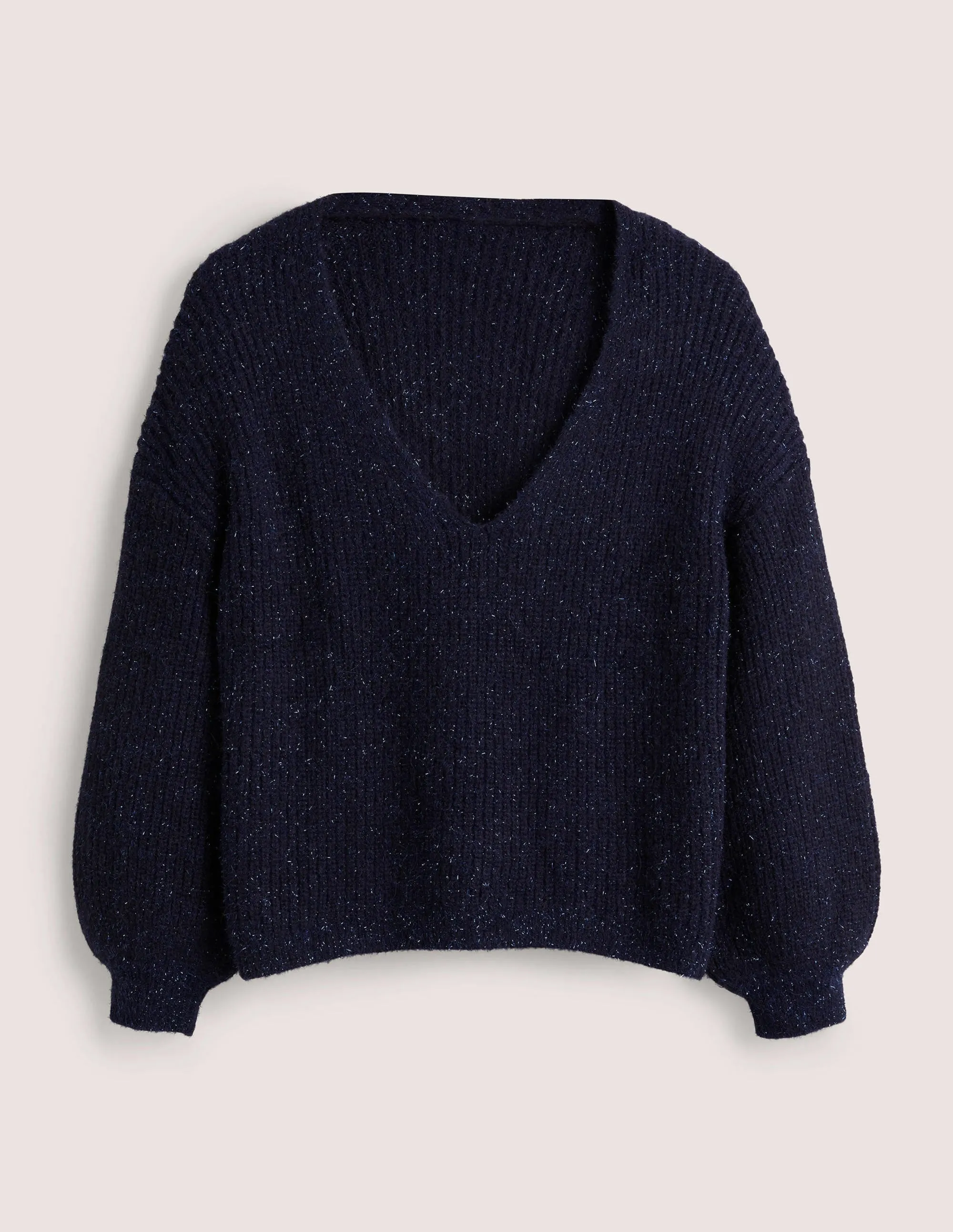 Navy Sparkle Ribbed Fluffy V-Neck Sweater-Navy Sparkle