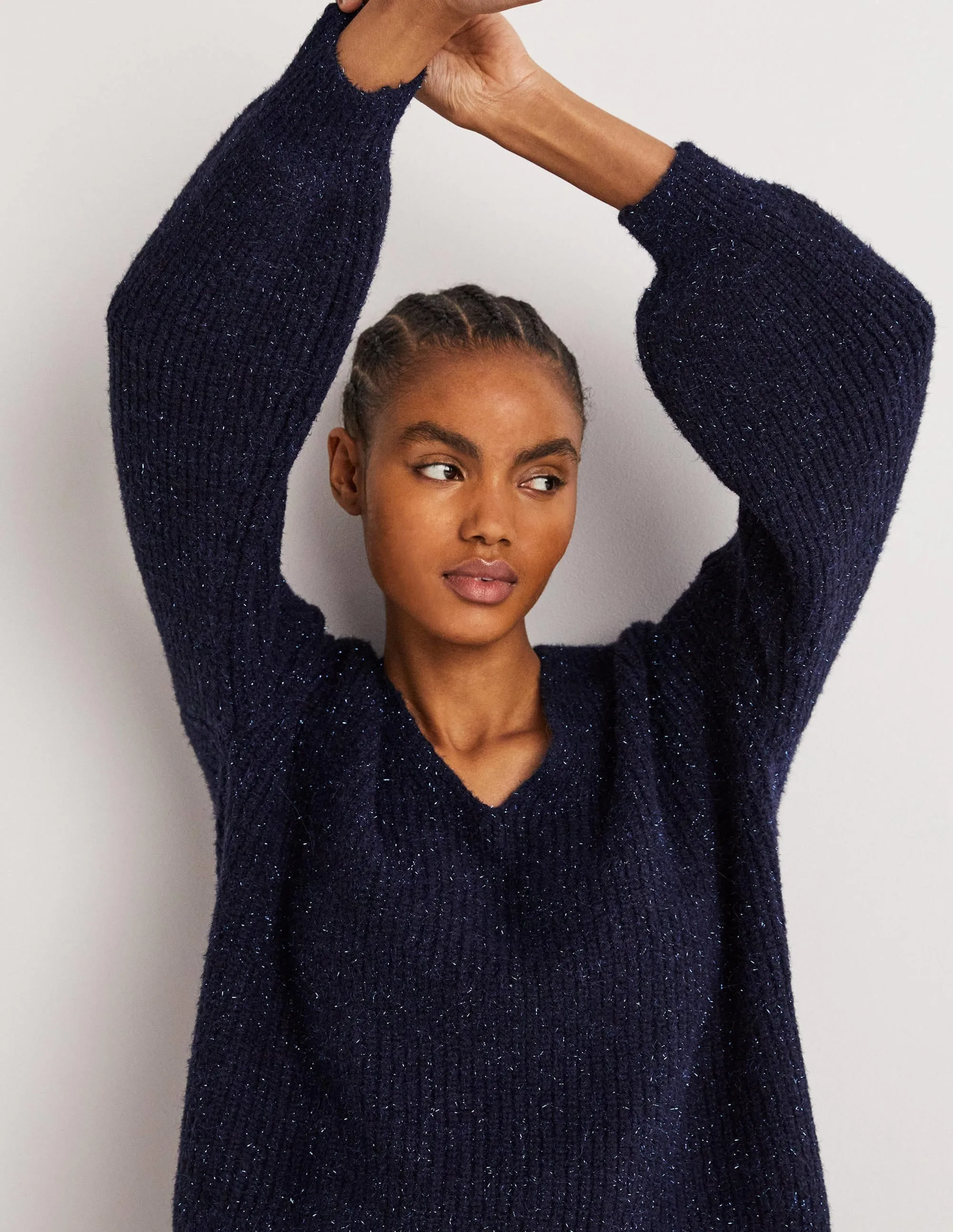 Navy Sparkle Ribbed Fluffy V-Neck Sweater-Navy Sparkle