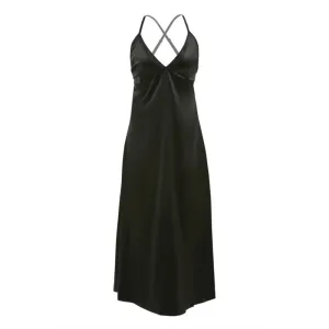 Olive Satin Slip Dress Lace Up Back Large Phantom Black
