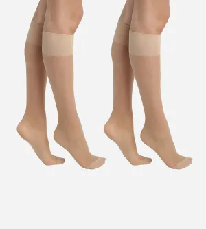 Pack of 2 Beige Ultra Resist knee-high socks made of reinforced Lycra