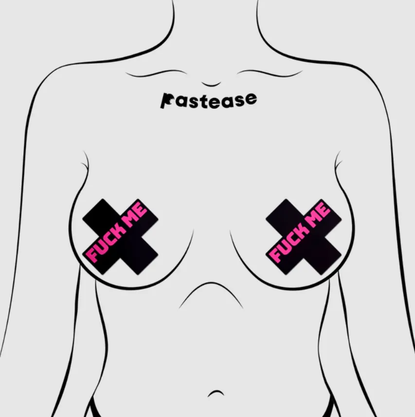Plus X: 'Spank Me' Black Cross on Neon Pink Base Nipple Pasties