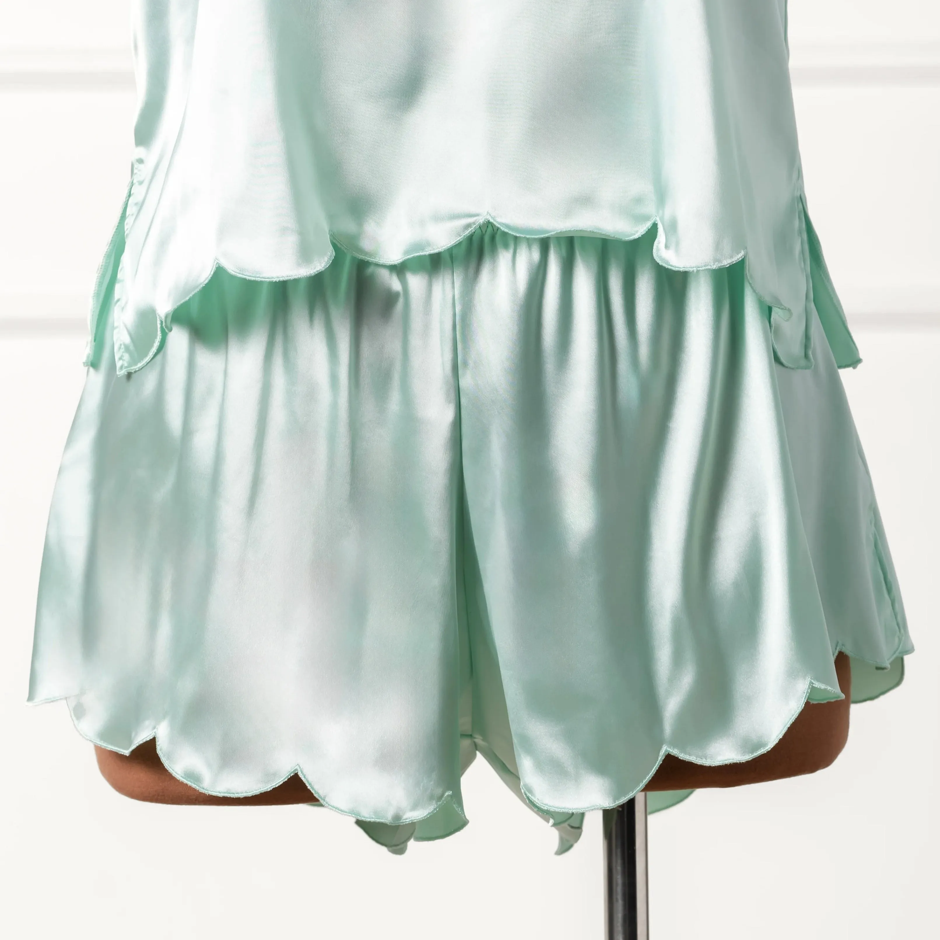 Scalloped Embroidered Satin Shorts - Mint Julep