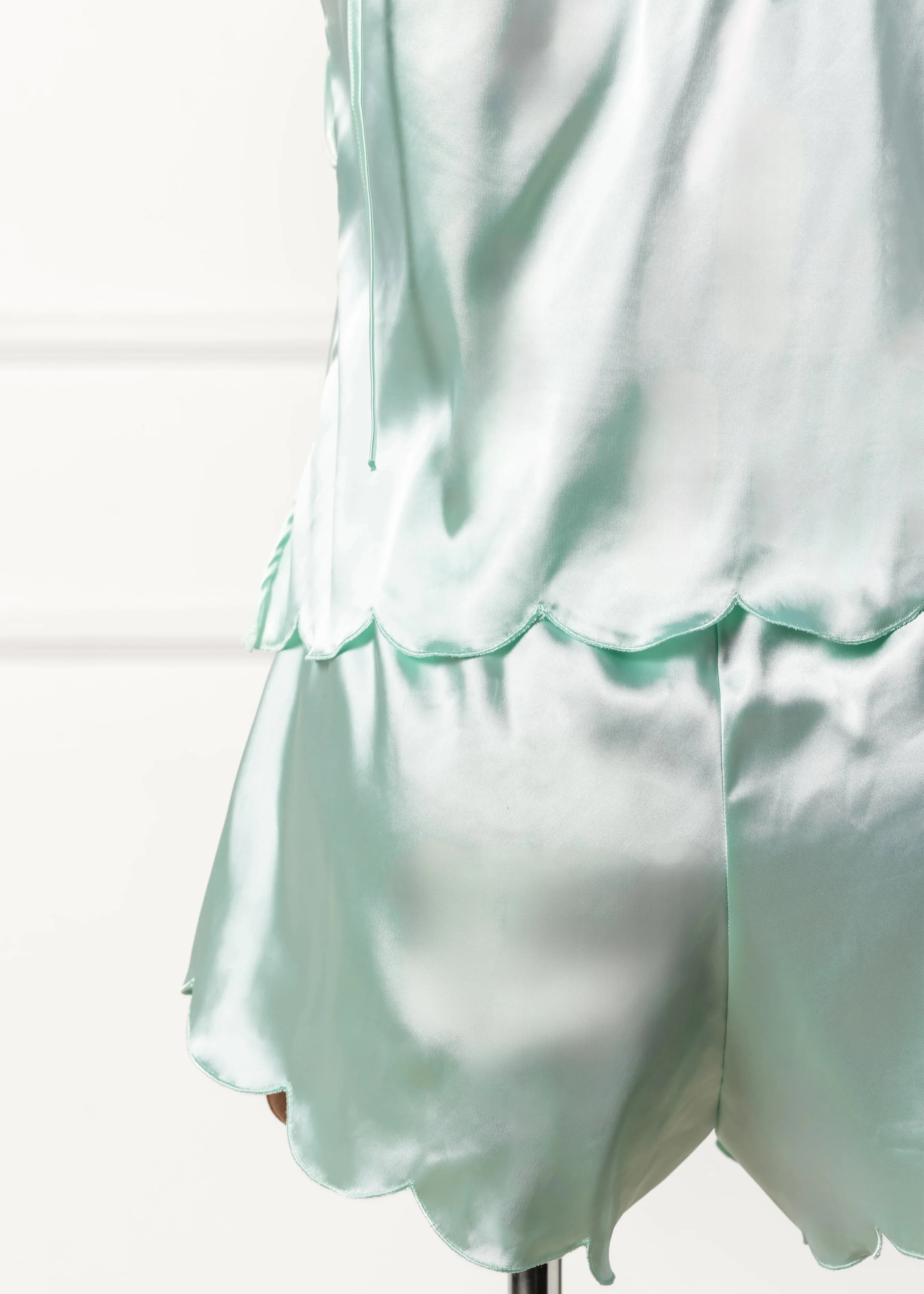 Scalloped Embroidered Satin Shorts - Mint Julep