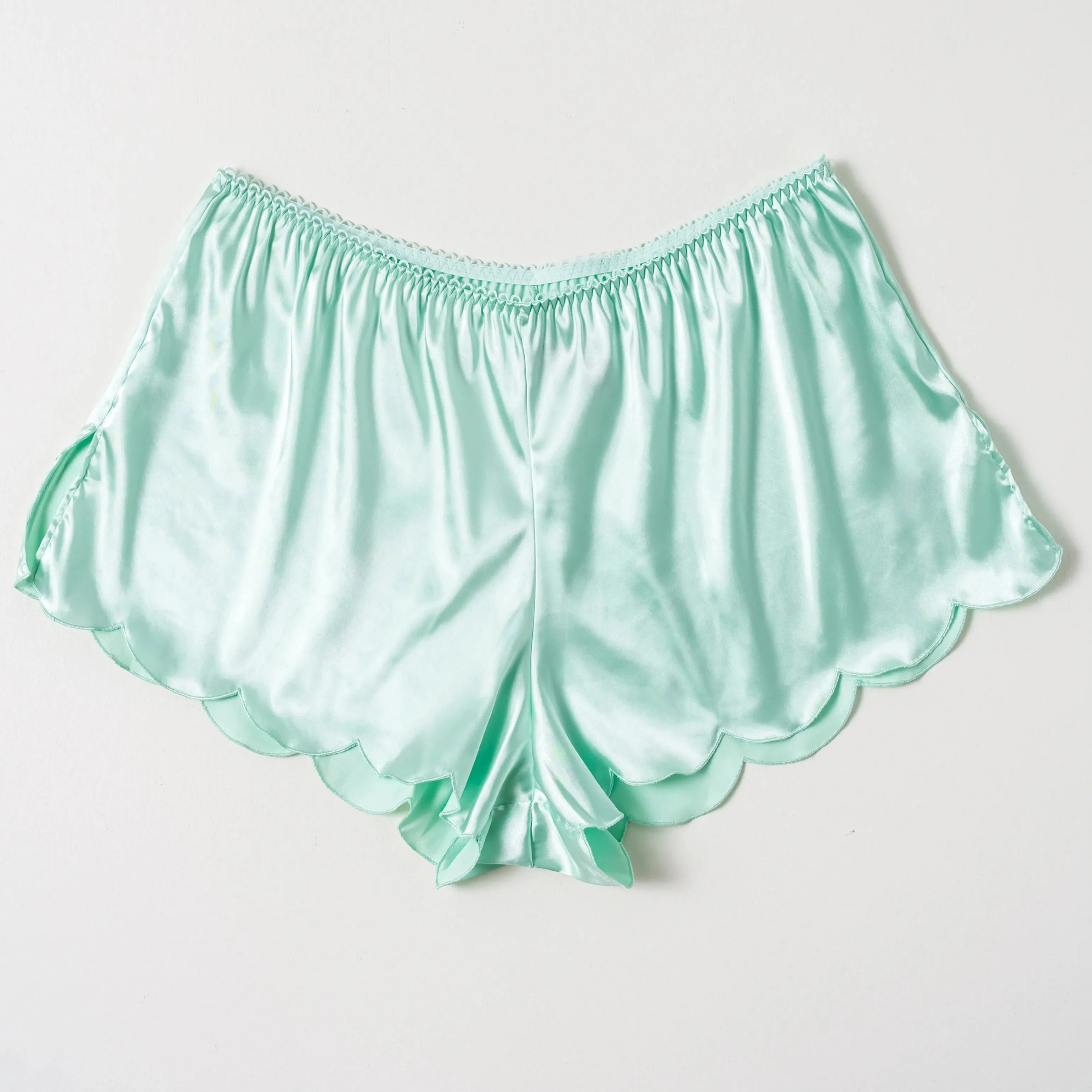 Scalloped Embroidered Satin Shorts - Mint Julep