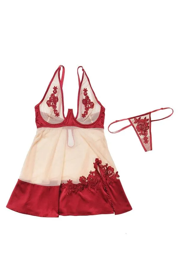 Sheer Stretch Nylon & Satin Babydoll Set