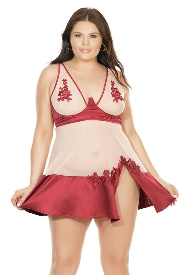 Sheer Stretch Nylon & Satin Babydoll Set