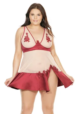 Sheer Stretch Nylon & Satin Babydoll Set