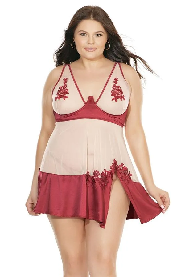 Sheer Stretch Nylon & Satin Babydoll Set