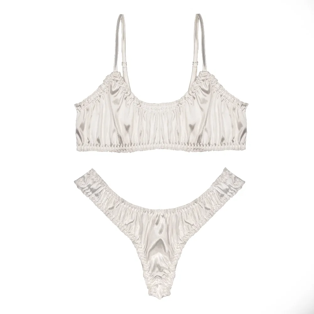 White Silk Ruffled Underwear and Bralette Set
