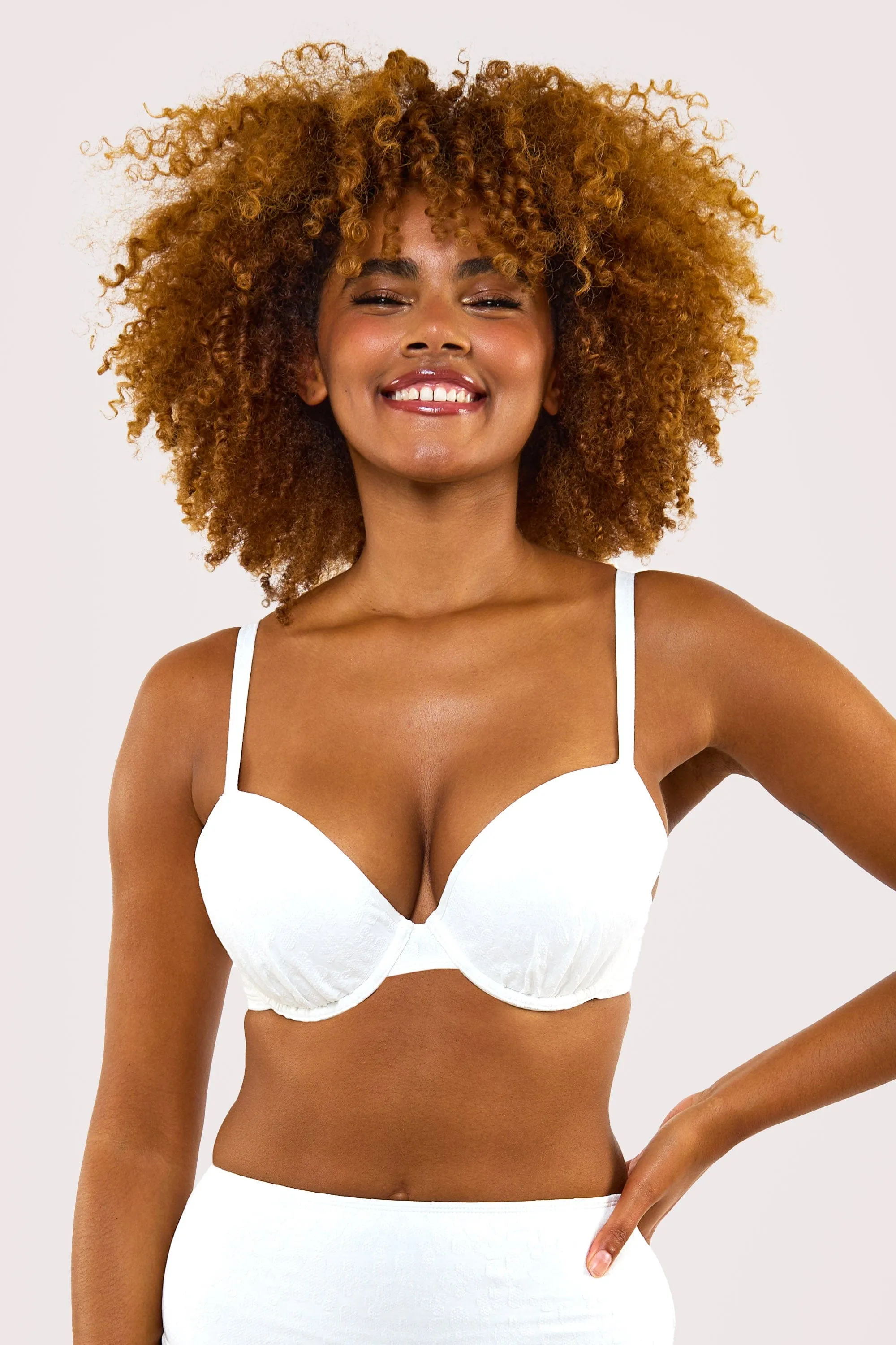Zoe Fuller Bust Mix & Match White Floral Texture Padded Plunge Bikini Top